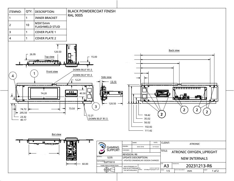 PlayTech Player Tracking Mounting Bracket for Atronic Oxygen Upright Cabinet CAD drawing