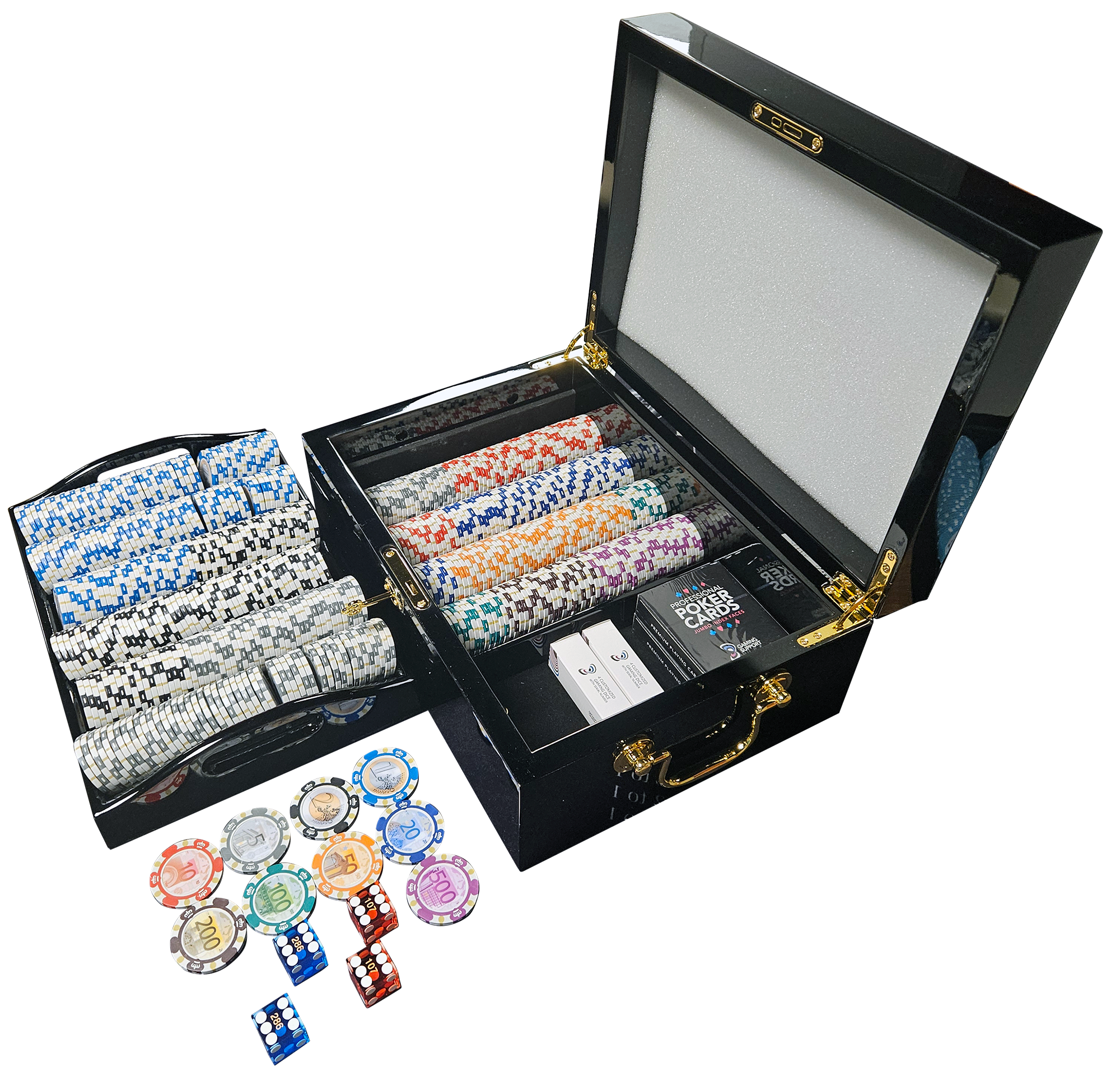 Poker chip set with a black display case on a white background