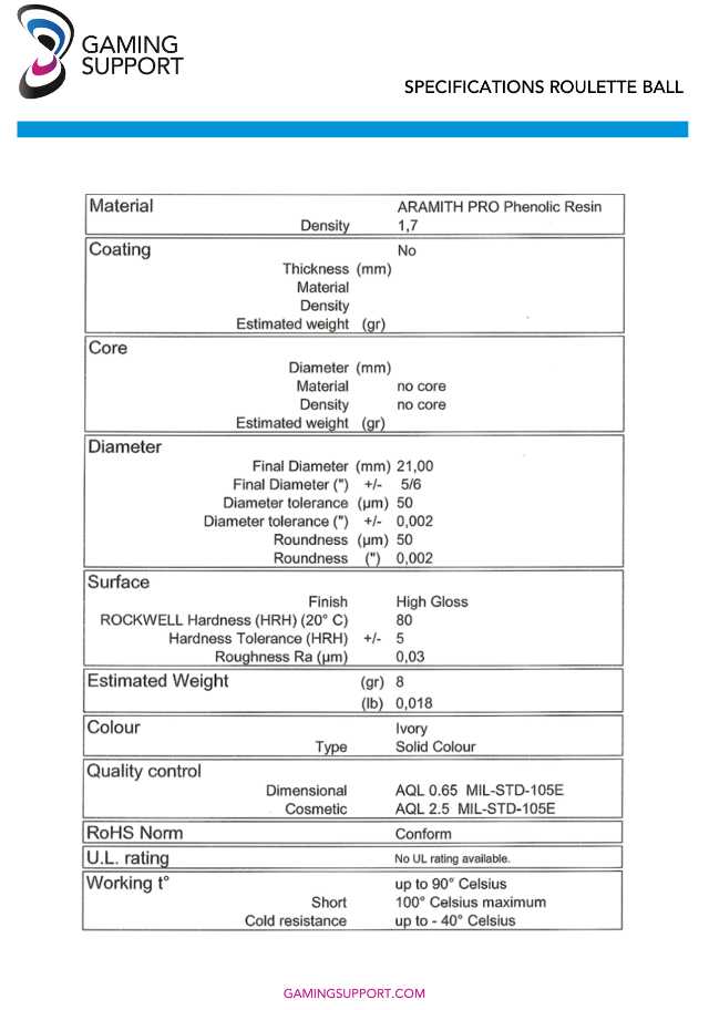 21mm Roulette Ball Specifications