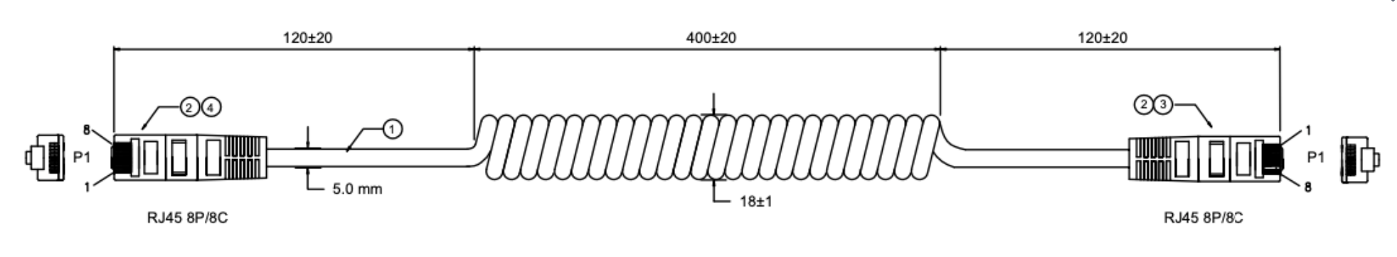 CAT5 Network Cable Coiled 2 x male RJ45 connector Mechanical Drawing