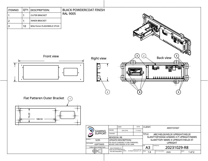 PlayTech Player Tracking Mounting Bracket for Aristcorat ARC/HELIX/EDGEX/MARSX Cabinets CAD Drawing