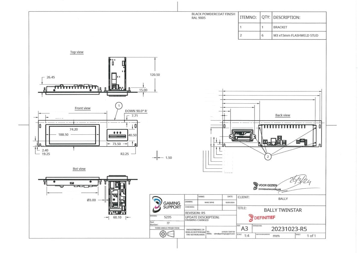 PlayTech Player Tracking Mounting Bracket for Bally Twin Star Cabinet