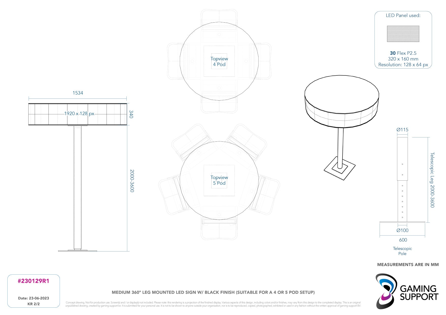 360 Degree (Circular) Leg Mounted LED sign 2 x 15 flex LED Panels