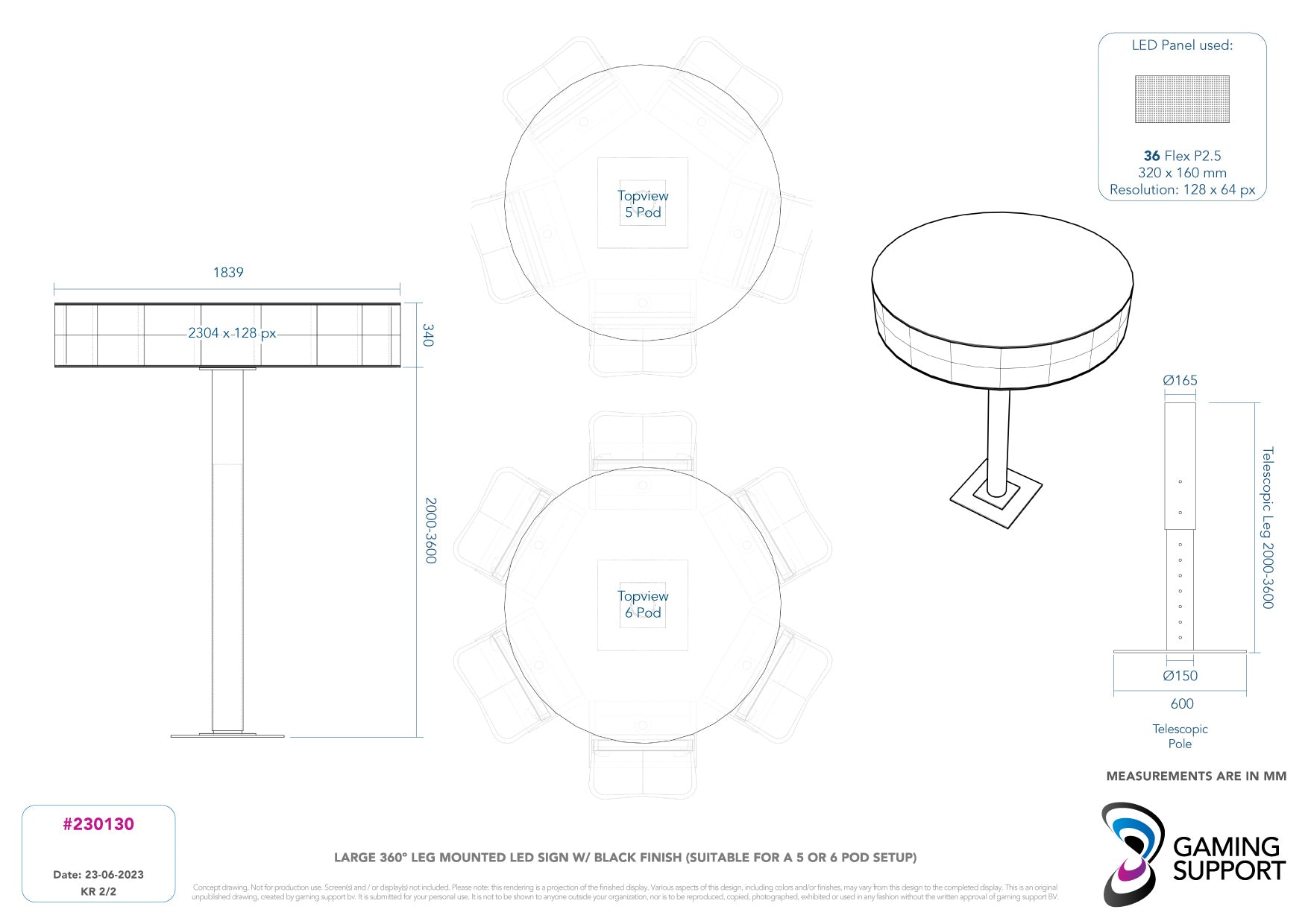 360 Degree (circular) Leg Mounted LED sign 2 x 18 flex LED Panels