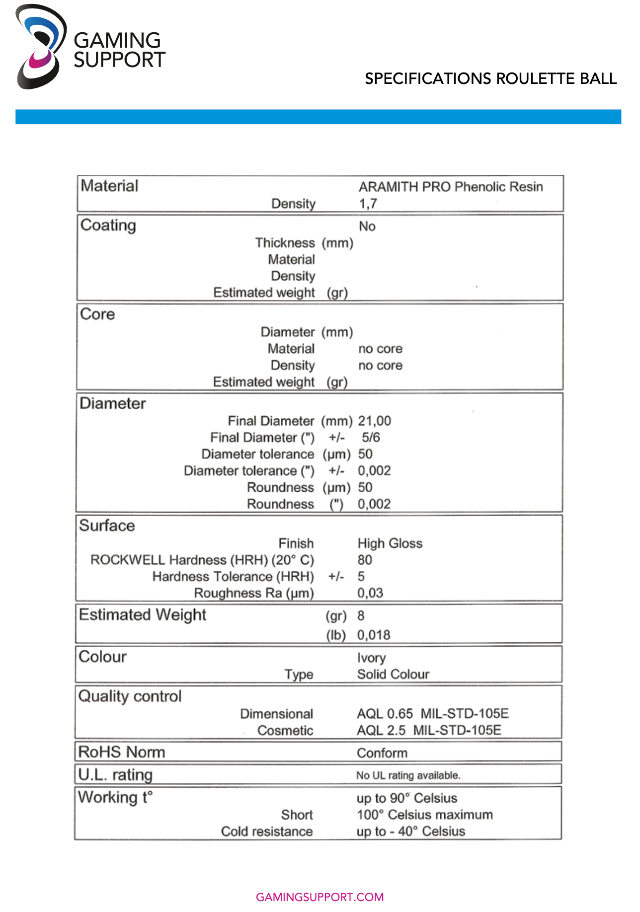 21mm Roulette Ball Specifications 