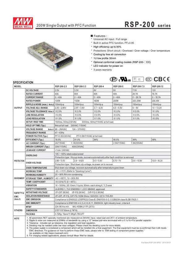 Meanwell Power Supply RSP-200-12, 12V / 16,7 A
