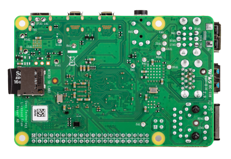 Raspberry Pi 4 Model B, 2GB DDR4 RAM, USB 3.0, PoE Enabled. Bottom view