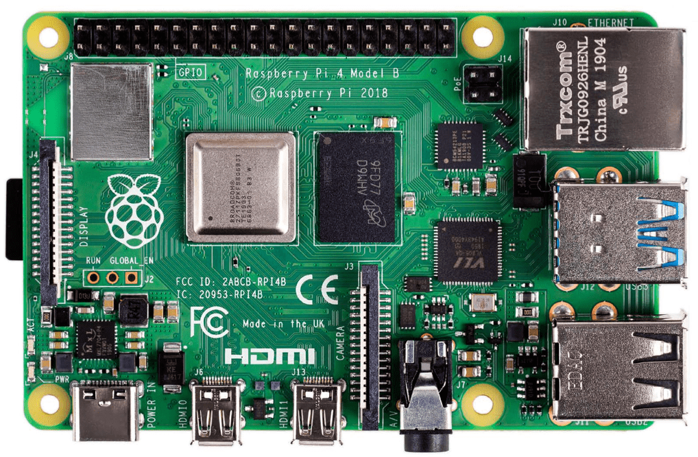 Raspberry Pi 4 Model B, 2GB DDR4 RAM, USB 3.0, PoE Enabled. Top view