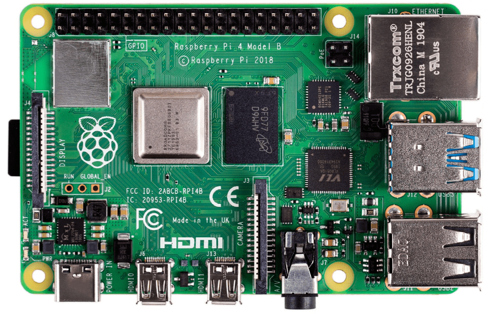 Raspberry Pi 4 Model B, 4GB DDR4 RAM, USB 3.0, PoE Enabled. Top view